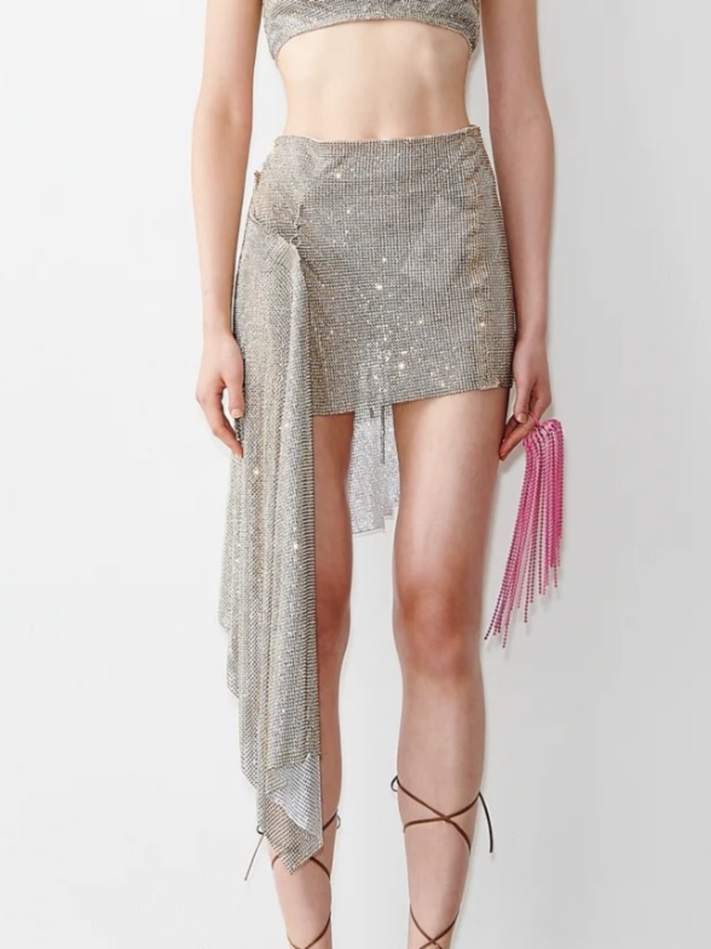 Poster Girl Crystalized Marjan Skirt Asymmetric metal mesh Silver wrap NWT S
